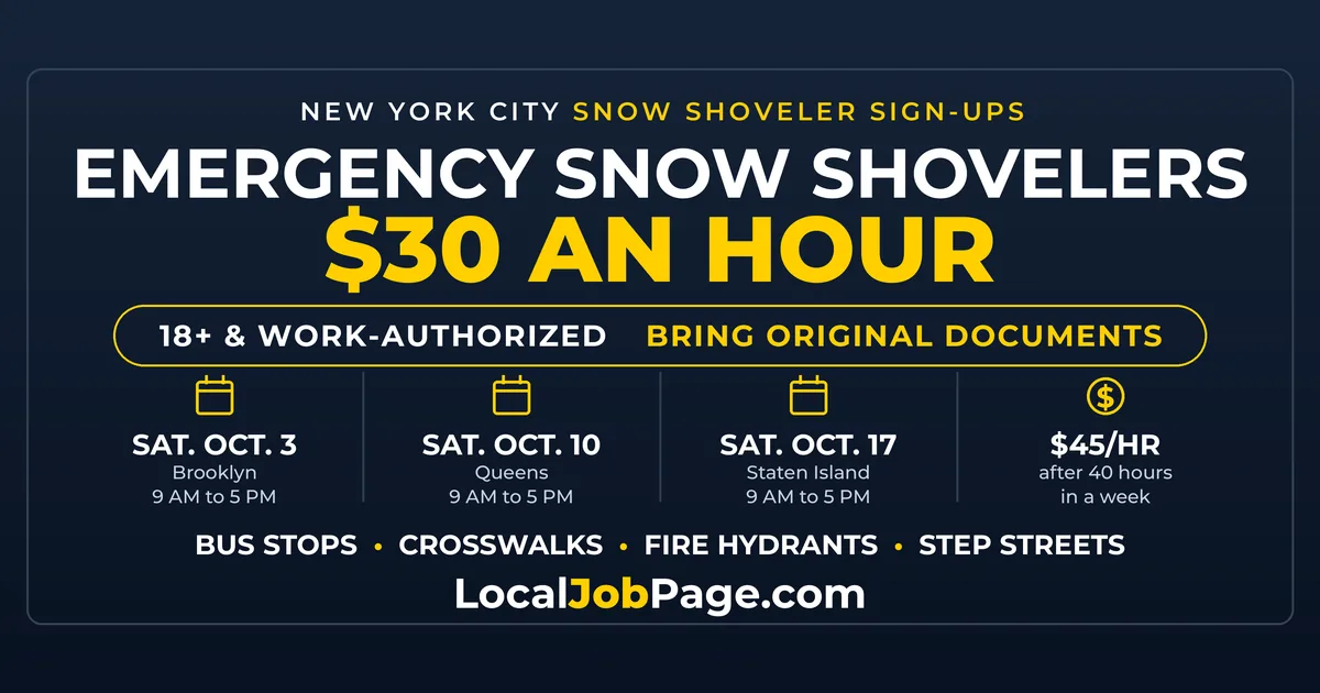 NYC Emergency Snow Shovelers Now Earn $30 an Hour: October Sign-Ups in Brooklyn, Queens and Staten Island