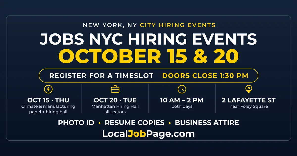 Jobs NYC Hiring Events at 2 Lafayette Street: Climate and Manufacturing Panel October 15, Manhattan Hiring Hall October 20